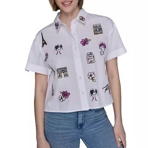KARL LAGERFELD PARIS Cotton Embroidered Short-Sleeve Shirt